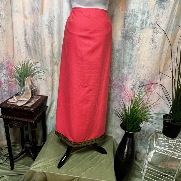 VTG 📌Casual W.E.A.R Maxi Linen Wrap Skirt with Gold Braid - Picture 2 of 16